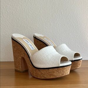 JIMMY CHOO Dee Dee White Croc-Embossed Platform Sandals Size 7 1/2 8